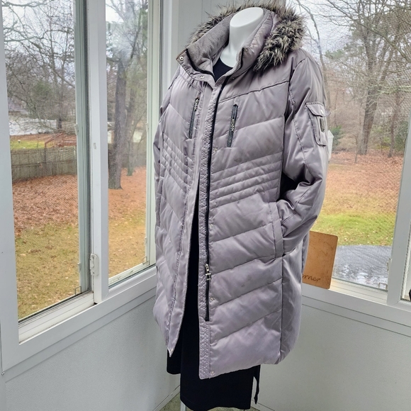 Zero Xposur Silver Faux Fur Trim Hood Down Utility Quilted Puffer Coat - Picture 16 of 16